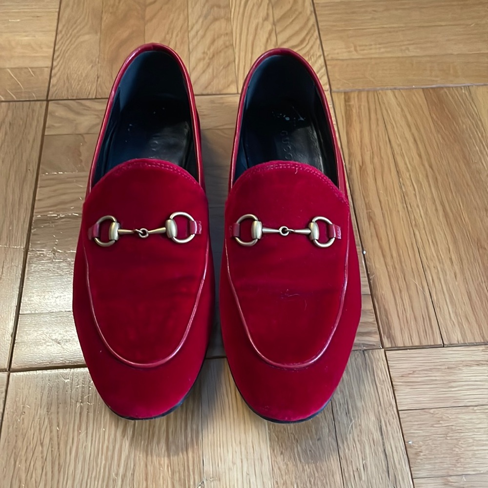Red velvet Gucci loafers